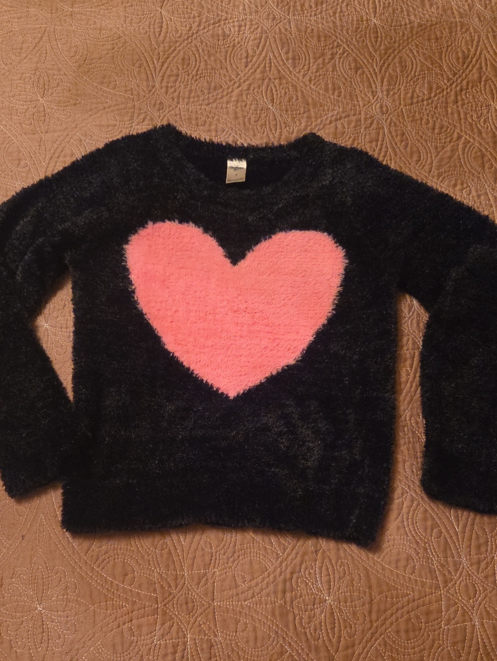 Cozy Black Fuzzy Sweater with Pink Heart For Girls By OshKosh